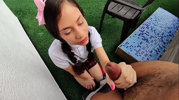 Daddy daddy do you like it like that? My stepdaughter dressed as a sch00lgirl fucks me without a condom and I cum inside videos