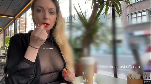 Flashing tits in cafe with glass walls so all people outside see me. Transparent t-shirt no bra. videos