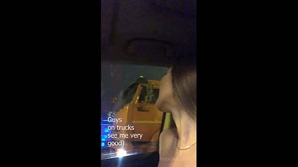 I make truck’s drivers happy showing them boobs on road. videos