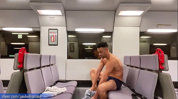 Sexy tanned man travelling naked by train. Very risky public nudity videos