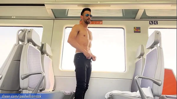 Sexy tanned man travelling naked by train. Very risky public nudity videos