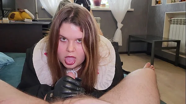 Massive cumshot - Mistress Chubby Vamp in Leather Gloves Does Hanjob with Elements of Blowjob videos