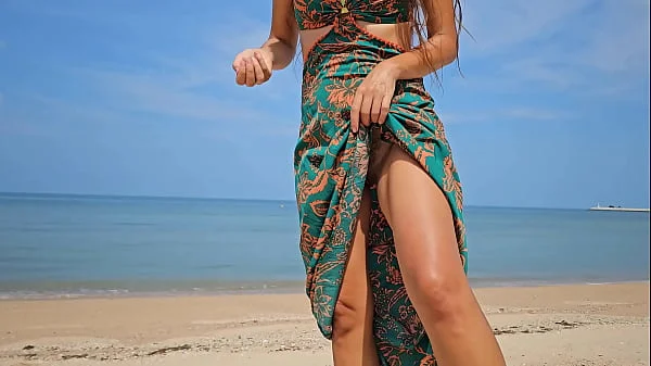 Long Dress NO PANTIES flashing on Public Beach videos