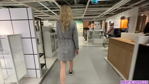 Kinky girl is stuffing anal plug in public toilet at IKEA and flashing pussy upskirt no panties publically videos