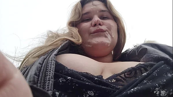 Huge facial of a cute BBW blonde with big breasts in inclement weather videos