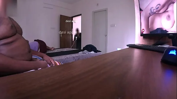 Watching porn and masturbating infront of maid while wife sleeping videos