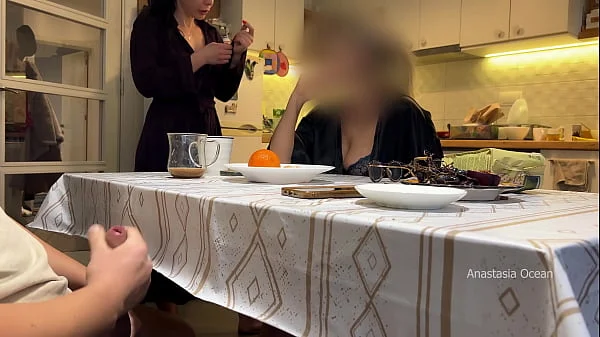 My husband jerking under a table front of my step mom and i right at the kitchen. videos