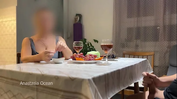 My husband jerking hidden front of my step mom under a table during their talk. videos