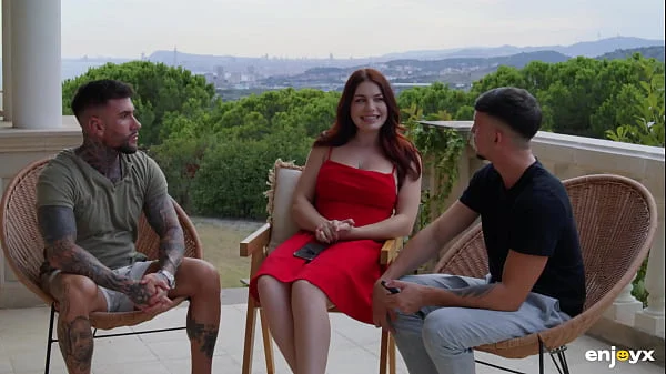 Curvy Redhead Babe in Lingerie Sucking and Fucking with Two Young Studs videos