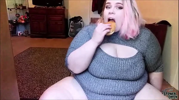 BBW Feedee over eats lots of hamburgers and burps videos