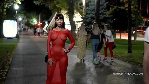 Red transparent dress in public videos