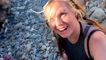 Amateur Beach Blowjob: Redhead Anja Amelia Brutal Deepthroat & Cum in Mouth videos