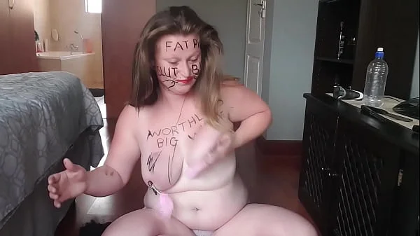 Big fat worthless pig degrading herself | body writing |hair pulling | self slapping videos