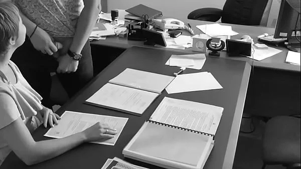 The boss fucks his tiny secretary on the office table and films it on hidden camera videos