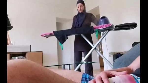 OMG !! He pulls out his cock in front of this muslim maid!! videos