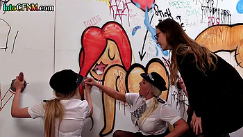 CFNM babes cock sucking in glory hole videos