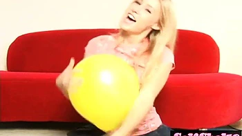 Sexy blonde teen Allie bounces topless on balloon in POV videos