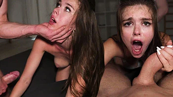 18 Year Old Teen Brunette Hard Fucked in First Threesome - Rough Doggy Style & Blowjob videos