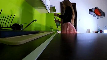 Skinny Blonde Wife Bonnie Dolce Bored in Kitchen Lifts Skirt Shows Cotton Panties videos