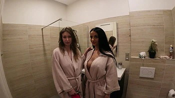 Four sexy babes with long hair fucked by two guys in a hot foursome videos