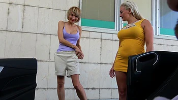 Two sexy blondes Katerina Berg and Mia Darklin in outdoor threesome action videos