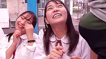 Three beautiful girls in uniform get excited when they see a man's penis and cum all over his hands. videos