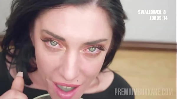 PremiumBukkake - Sabrina Ice swallows 50 huge mouthful cumshots videos