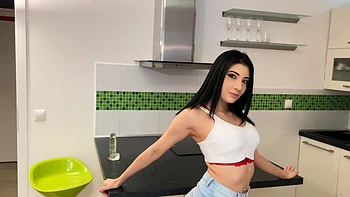 Busty brunette Emily Pink rubs her shaved pussy with toys in the kitchen videos