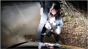 Piss Whore In Dog Collar Receives Golden Shower And Hot Cum In Her Mouth In A Public Road Interrupte videos