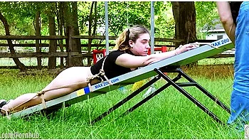 Cum-covered 19 Year-old Teen 18+ Bondage Slave Lexi Grey Crawls To The Seesaw For A Hard Caning videos