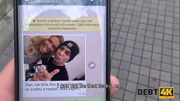 DEBT4k. Curly blonde is enjoying sex while cuckold groom is watching videos