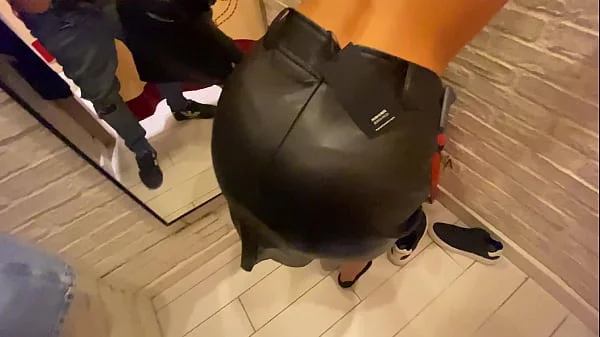 Trying leather clothes in Changing room and he Cum on my Big Boobs - Cock2squirt videos