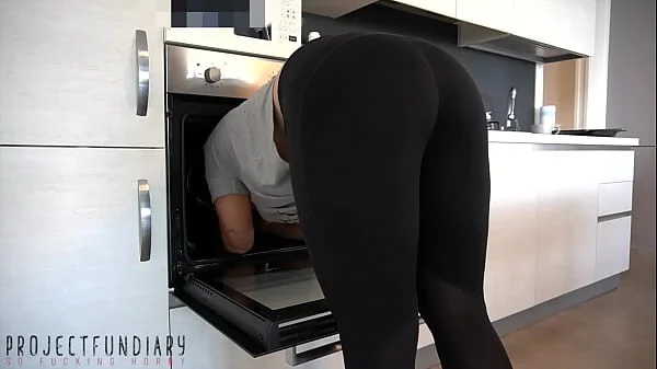 girl in tight yoga leggings and red thong stuck in the oven - used by for huge cumshot, projectfundiary videos
