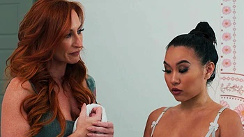 Asian beauties Sophia Locke and Kimmy Kimm in a steamy bra-less lesbian scene videos