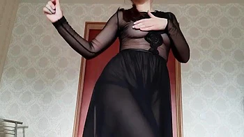 Russian beauty exudes dancing in sheer black chiffon long nightgown: Amateur, Babe  Brunette Porn videos