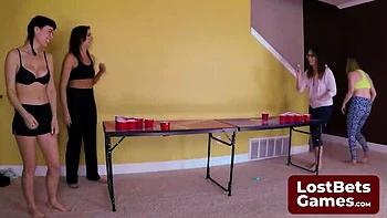 Amateur Lesbian Game Bet: Wild Strip Pong Showdown with Big Natural Tits videos