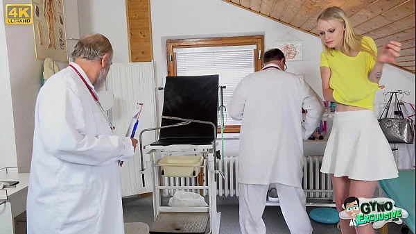 20-year-old sexy blonde girl Ariela Donovan gets her aroused pussy examined by 2 old gynecologists videos