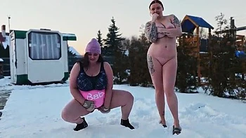 Busty Redhead MILF Femdom: Naked Snow Pissing & Making Guy Eat Yellow Snow - Lesbian HD videos