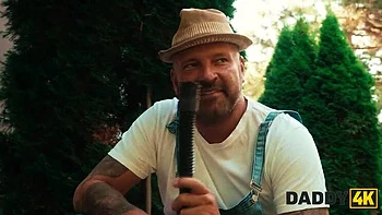 Daddy's Girlfriend Cheats With Him On Couch - Big Tits Brunette Helps His Pain videos