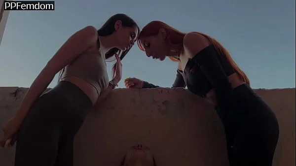 Mistresses Agma And Sofi Spit On Slave-Girl On A Public Balcony - Lezdom Spitting videos