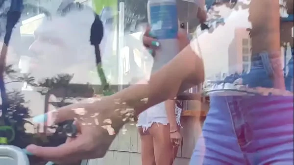 Walking Cute teen blonde teases people in public streets Compilation videos