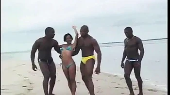 Hot mulatto with a big tail moaning and cumming, giving her pussy and very tasty ass to 3 black guys on the beach: Porn videos